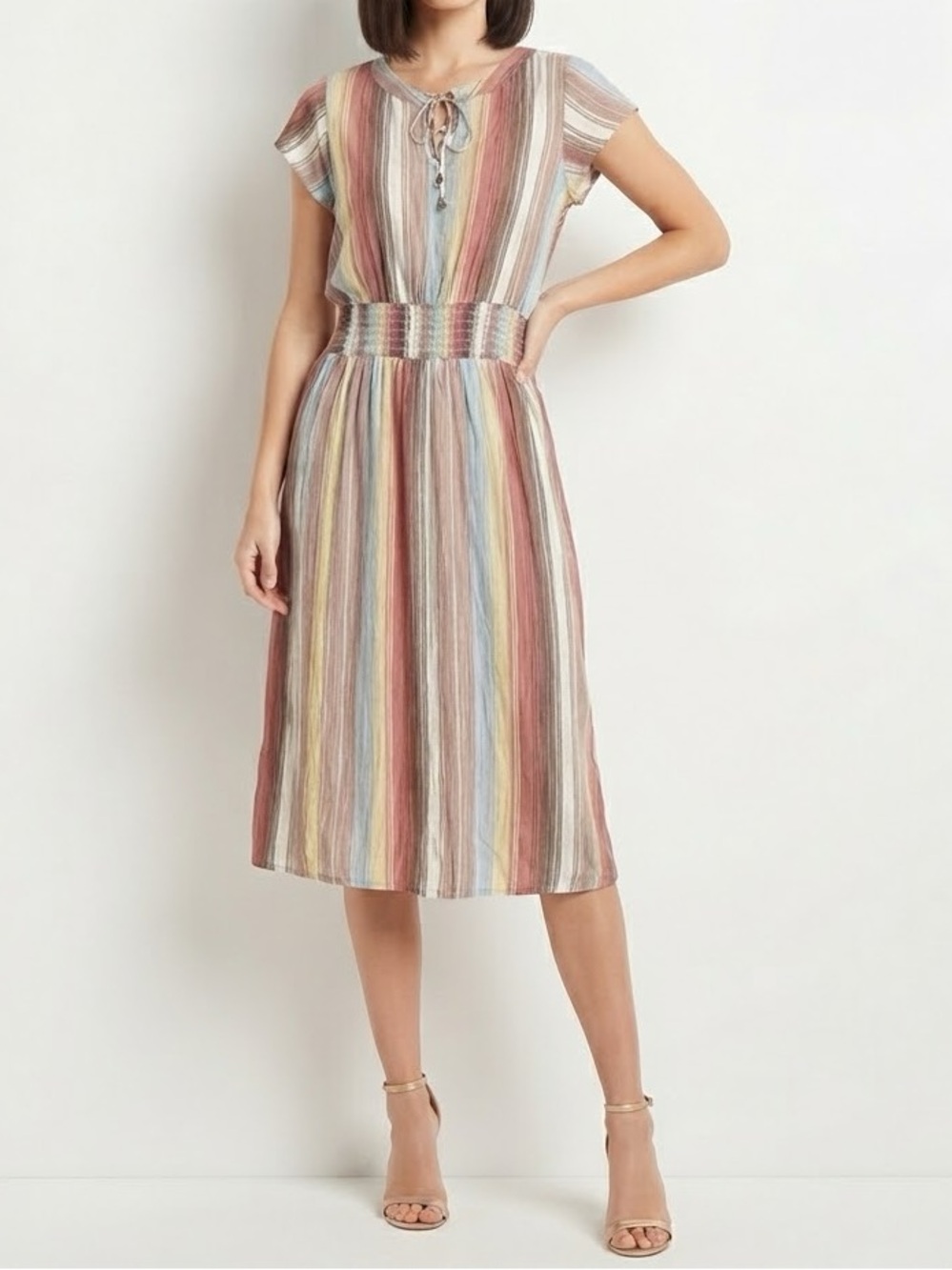 Market & Spruce Multicolor Striped Midi Dress in Pastel Reds, Blues & Yellows